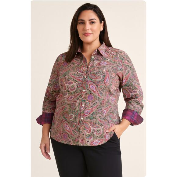 Chaps No Iron Button Shirt Flip Cuff Paisley Pink Long Sleeve 2X Contrast Cuff - Picture 3 of 8